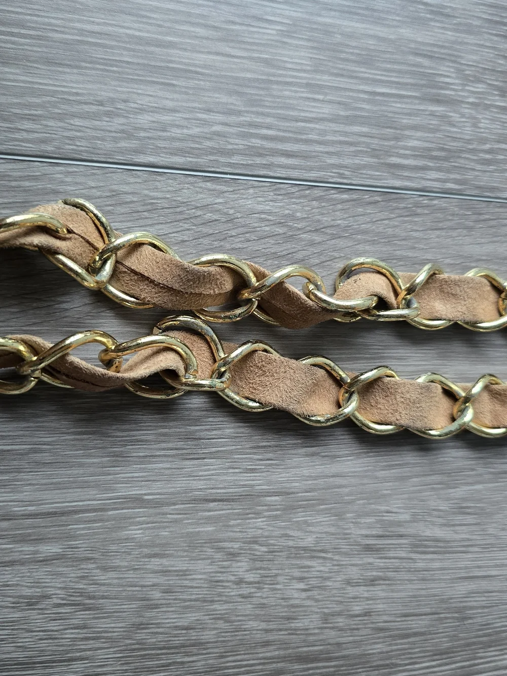 Tan Suede Gold Chain Link Boho Belt Brass Buckle Festival Size L